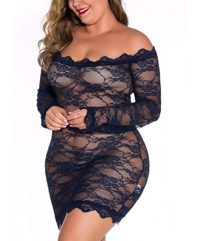 Women Off The Shoulder Lace Fishnet Strapless Plus Size Long Sleeve Pullover Sleepwear Dress Nightwear - Navy - CT19587TWER $...