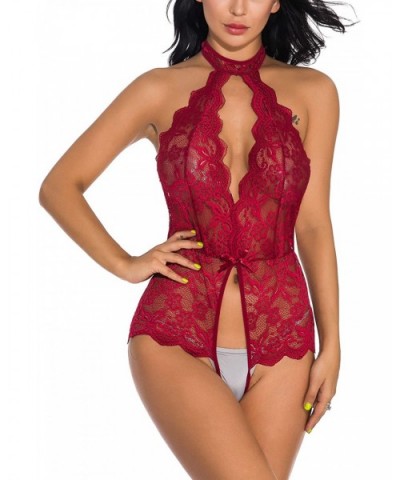 Women Sexy Lace Bodysuit One Piece Lingerie Teddy(Wine Red-L) - C21927CSR3E $21.16 Baby Dolls & Chemises