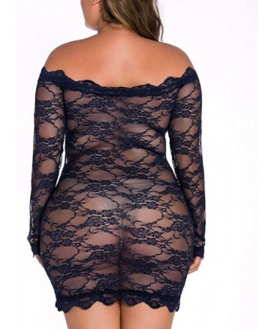 Women Off The Shoulder Lace Fishnet Strapless Plus Size Long Sleeve Pullover Sleepwear Dress Nightwear - Navy - CT19587TWER $...