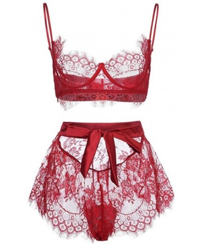 Women Lingerie Lace Bra and Panty Patchwork Bow Sexy Babydoll Chemise Sleepwear Set - Wine - CE193624UYO $15.92 Garters & Gar...