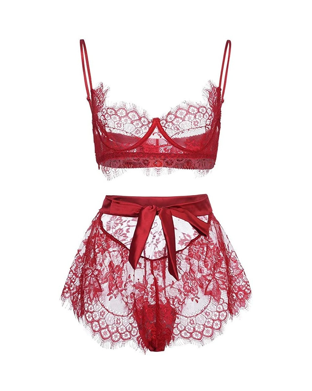 Women Lingerie Lace Bra and Panty Patchwork Bow Sexy Babydoll Chemise Sleepwear Set - Wine - CE193624UYO $15.92 Garters & Gar...