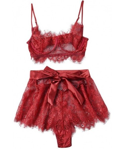 Women Lingerie Lace Bra and Panty Patchwork Bow Sexy Babydoll Chemise Sleepwear Set - Wine - CE193624UYO $15.92 Garters & Gar...