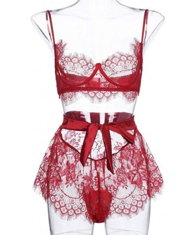 Women Lingerie Lace Bra and Panty Patchwork Bow Sexy Babydoll Chemise Sleepwear Set - Wine - CE193624UYO $15.92 Garters & Gar...