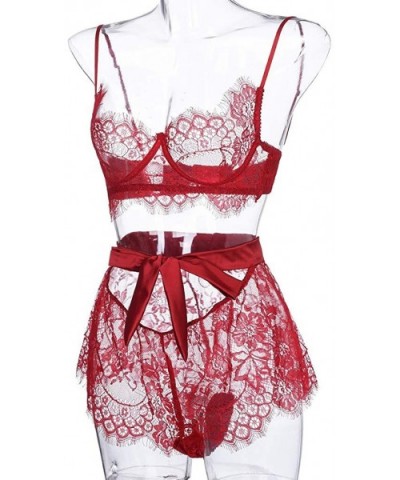 Women Lingerie Lace Bra and Panty Patchwork Bow Sexy Babydoll Chemise Sleepwear Set - Wine - CE193624UYO $15.92 Garters & Gar...