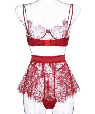 Women Lingerie Lace Bra and Panty Patchwork Bow Sexy Babydoll Chemise Sleepwear Set - Wine - CE193624UYO $15.92 Garters & Gar...