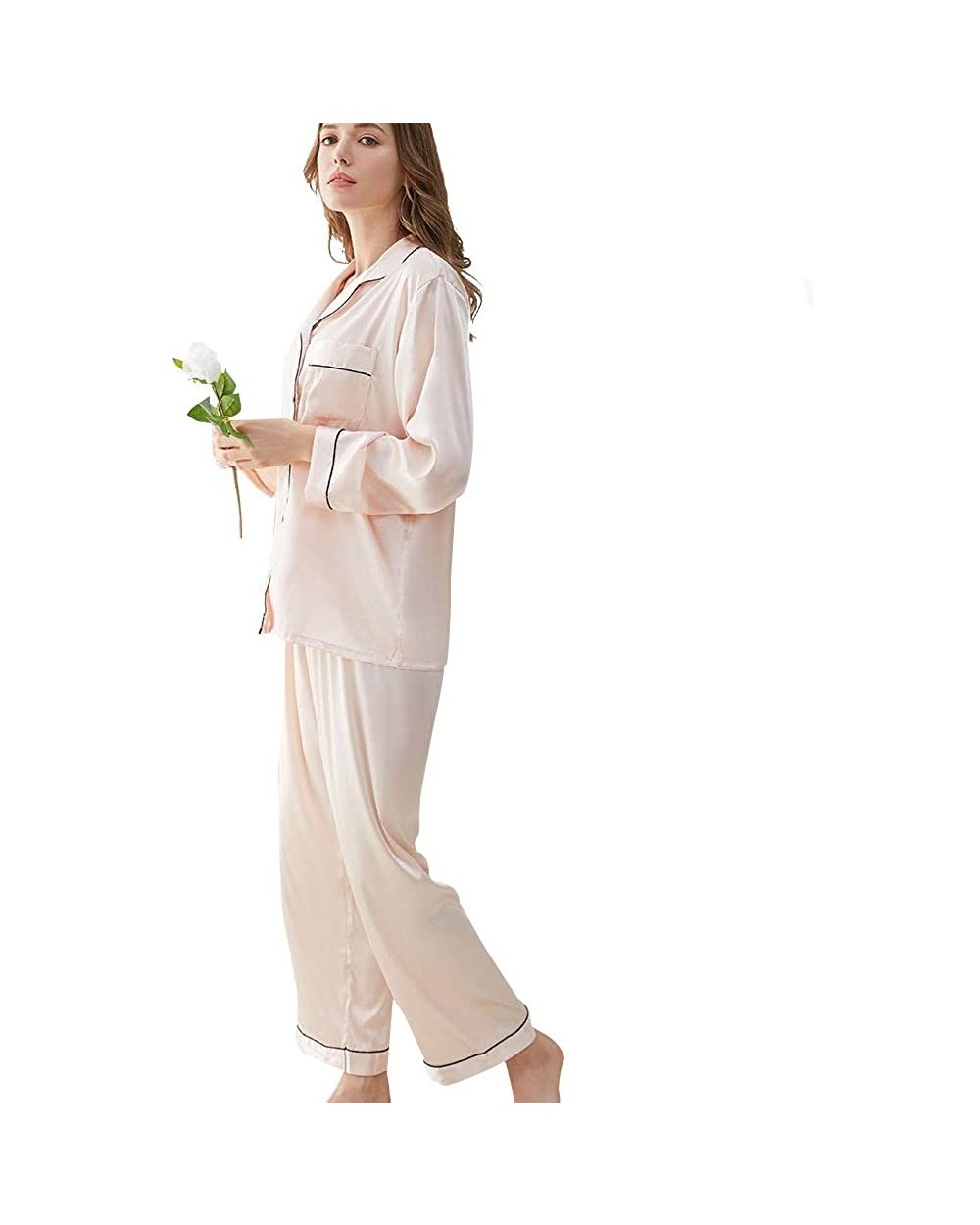 Women's Satin Pj Short Long Set Pajamas Sets Silk Sleepwear Two Piece Nightwear - Champagne - CC18SKEQ5U4 $31.78 Sets