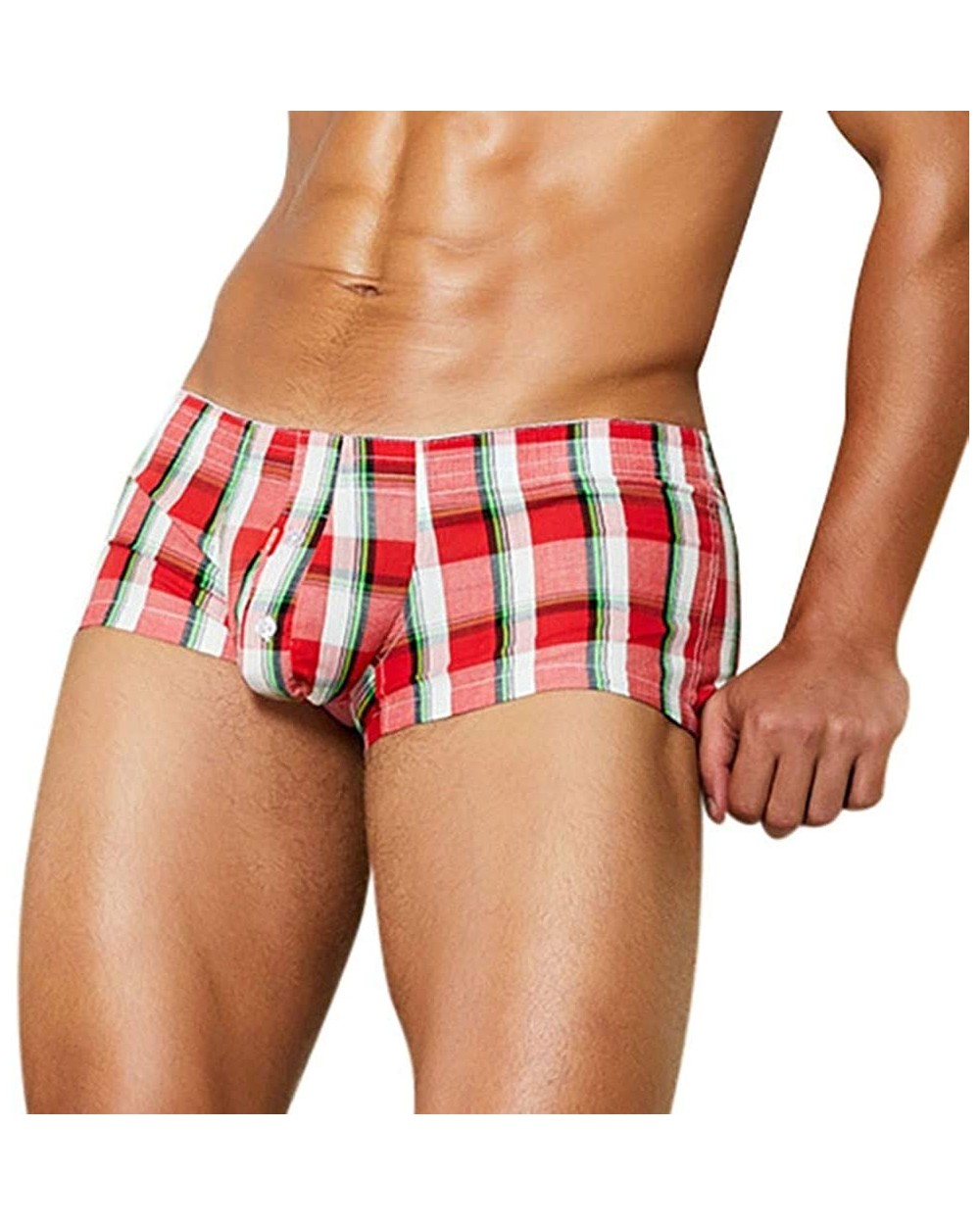 Men's Stretch Boxer Briefs Underwear Comfortable Plaid Printed Soft Sexy Low Rise Pouch Boxer Shorts - Red - CD192OKUYD0 $17....