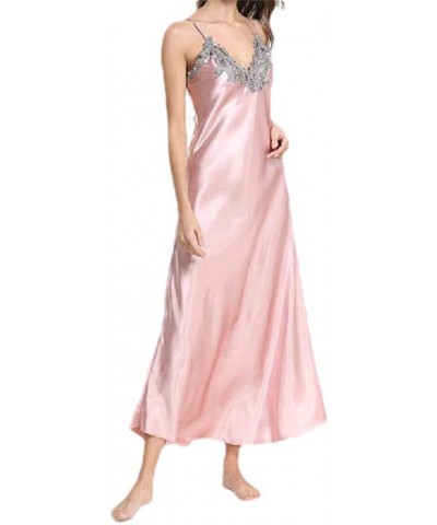 Women's Soft Charmeuse Sling Lace Patchwork V-Neck Sexy Sleep Dress - Pink - CX199SNG8LO $44.00 Nightgowns & Sleepshirts