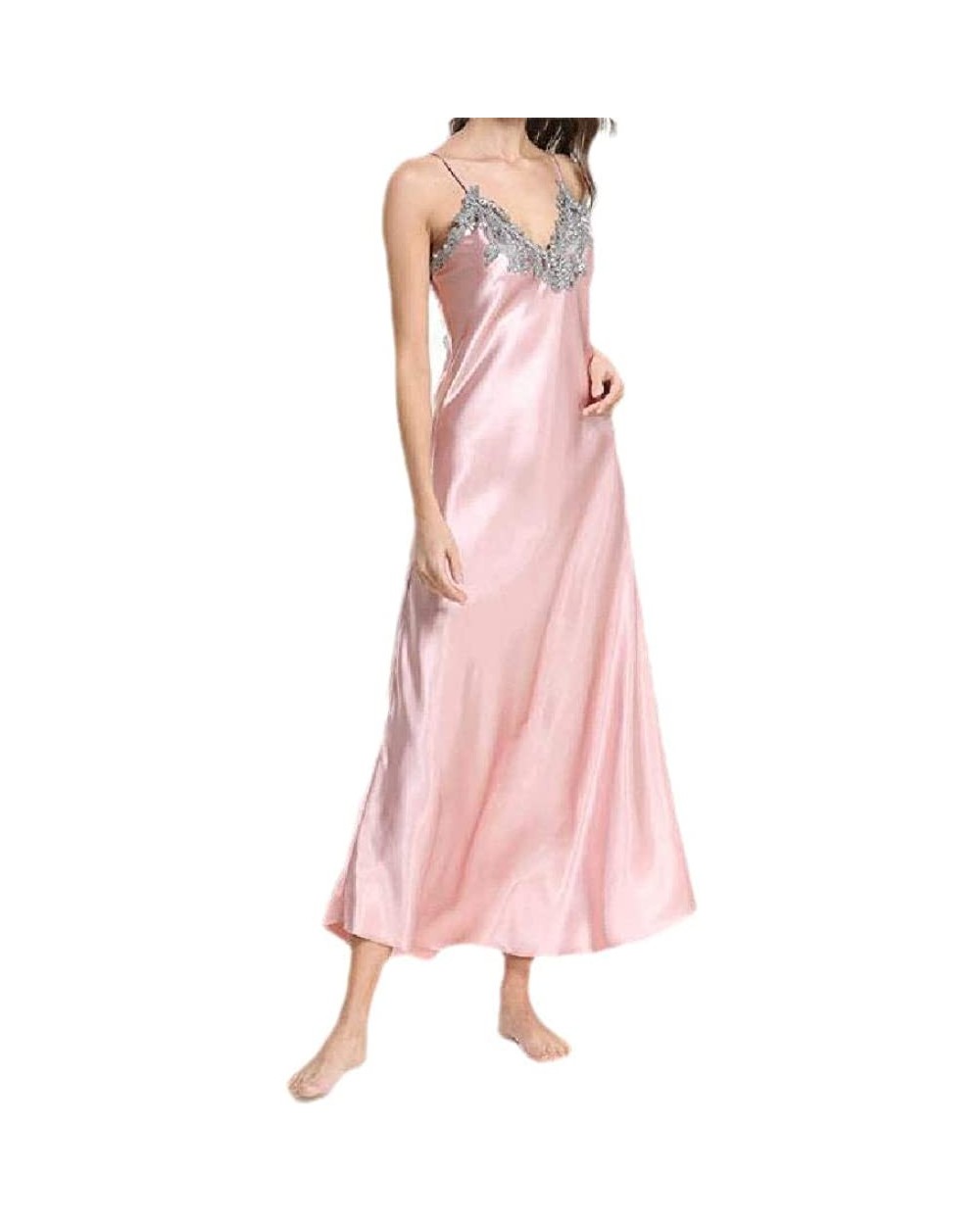 Women's Soft Charmeuse Sling Lace Patchwork V-Neck Sexy Sleep Dress - Pink - CX199SNG8LO $44.00 Nightgowns & Sleepshirts