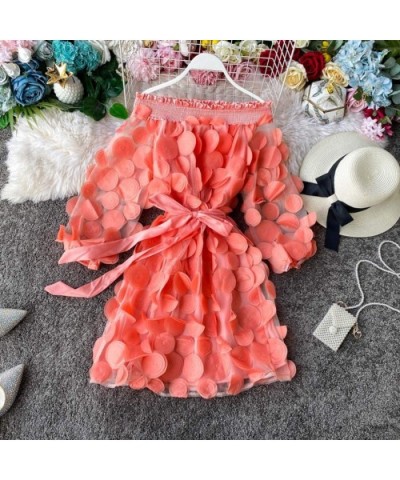 Womens Sexy Off Shoulder Flower Decoration Lace Long Sleeve Blouse Party Dresses Summer Sundress with Belt Pink - CE19CH3RWCA...