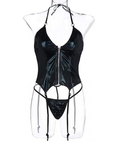 Womens Sexy Leather Underwear Zipper Bodysuit with Garter Thong Set Lingerie - Black - CS18YIHZRQ0 $24.30 Bustiers & Corsets