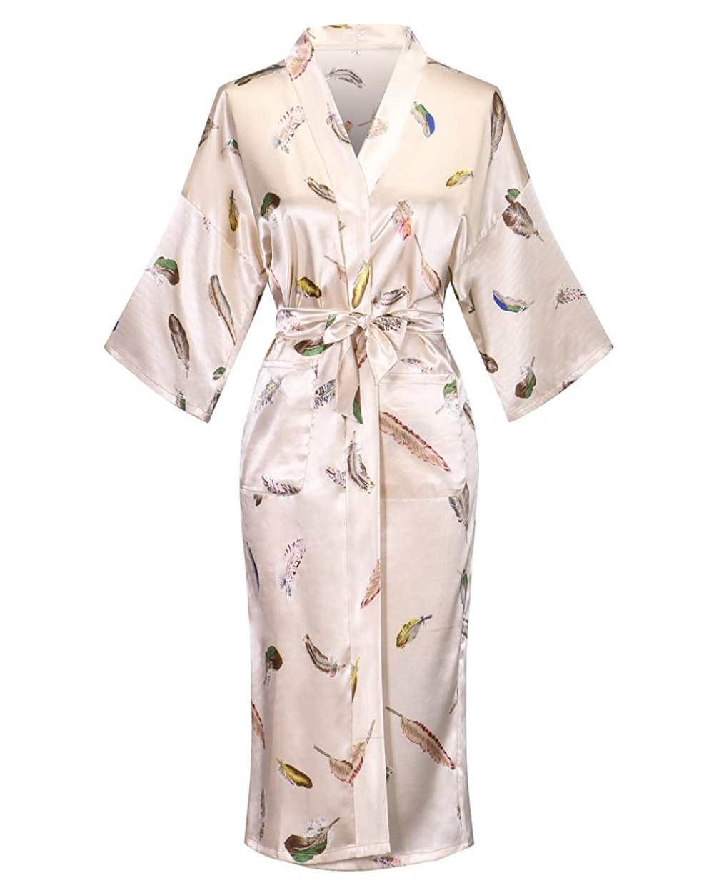 Floral Pattern Kimono Robe Long Bathrobe For Women - Champagne Feather - CM18O29H737 $31.04 Robes