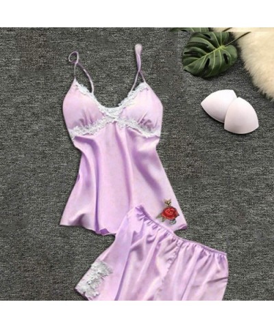 Women's Pajamas Sexy Satin Silk Sleepwear Underwear Home Service Nightwear Lingerie Short 2PC Set - D - C118QR90TML $17.13 Sets