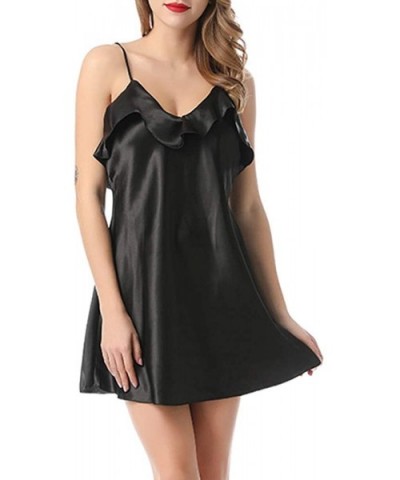 Women V Neck Ruffles Solid Color Satin Sleepwear Sling Pajamas Dress Black - CV199SEH7KD $31.31 Nightgowns & Sleepshirts