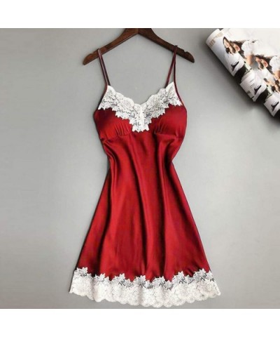 Women Sexy Lingerie Ladies Silk Lace Nightdress Babydoll Sleepwear Nightgown Plus Size - Red 6 - CF18YKR8IR2 $11.86 Nightgown...