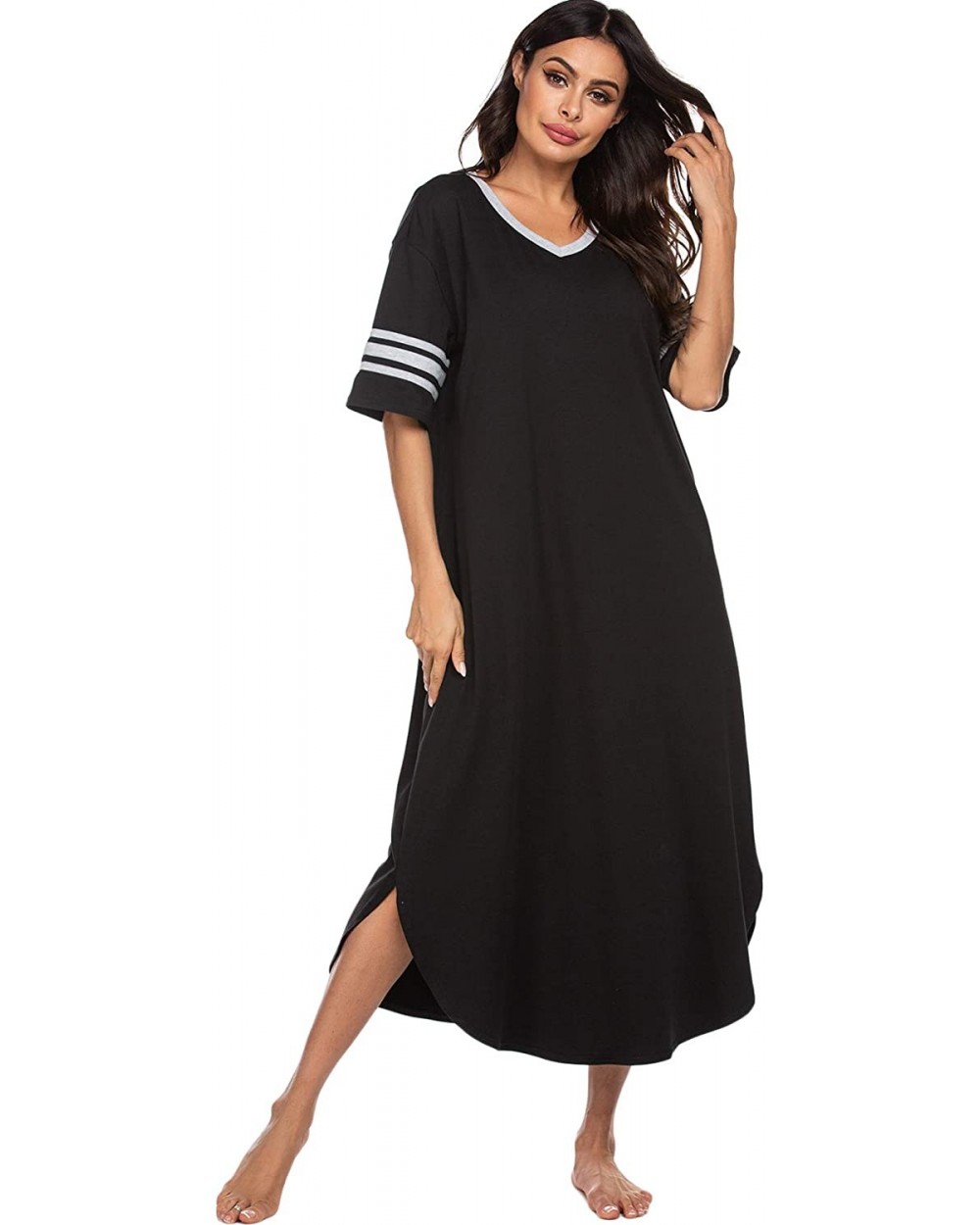 Long Nightgown- Womens V Neck Loungewear Oversized Sleepwear Loose Sleep Dress - Long Nightgown_black - C918AZLX4Y7 $37.92 Ni...