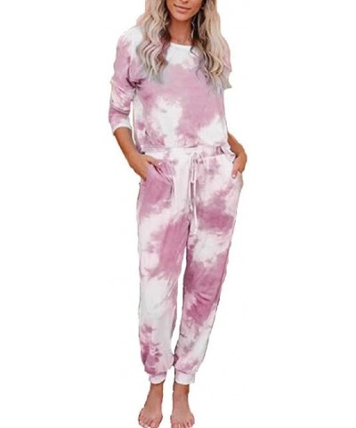 Womens Tops Pants Long Sleeve Loungewear Tie Dye Pajama Sets - Pink - CJ19C9UGG26 $44.81 Sets