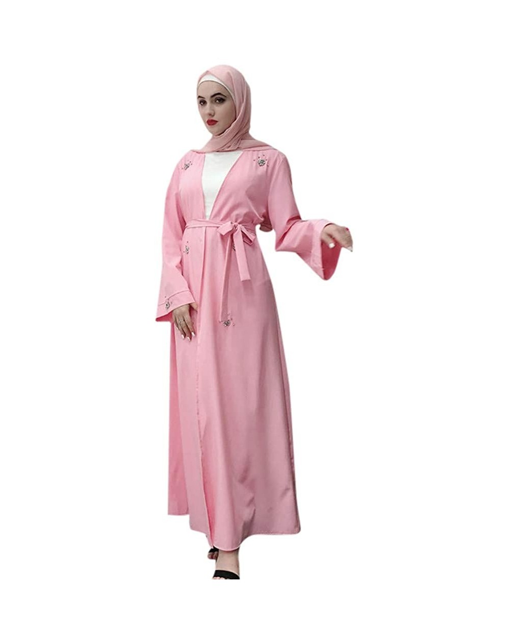 Openwork Embroi Long Dress Women Robe Open Abaya Cardigan Muslim Dubai Robe Gown - Pink - CK18UX7793G $59.24 Robes