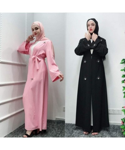 Openwork Embroi Long Dress Women Robe Open Abaya Cardigan Muslim Dubai Robe Gown - Pink - CK18UX7793G $59.24 Robes