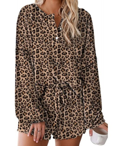 Womens Pajama Sets Long Sleeve Shirt Tops + Shorts Sleepwear Pjs Sets Ladies 2 Piece Nightwear Loungewear Leopard - CS19062IH...