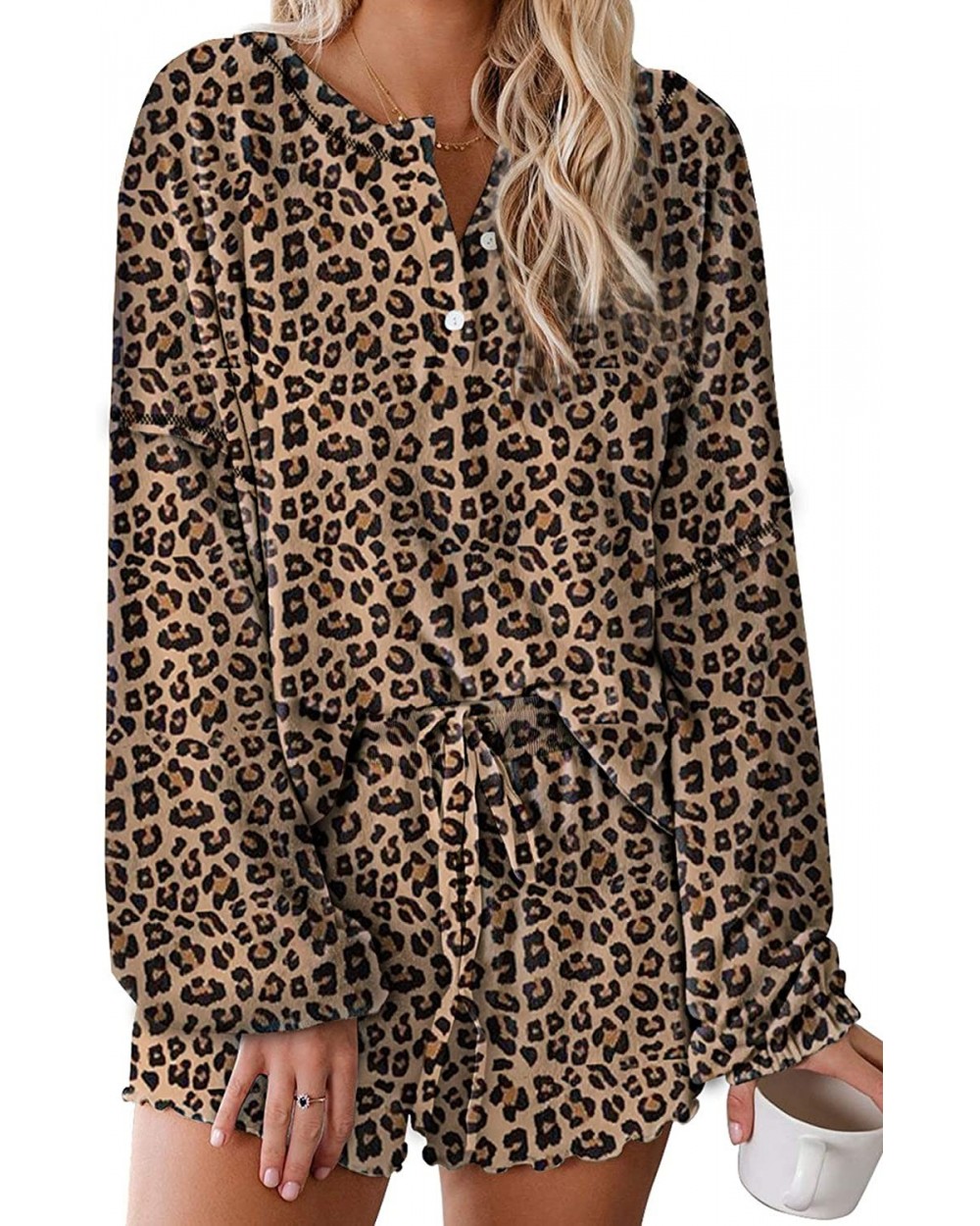 Womens Pajama Sets Long Sleeve Shirt Tops + Shorts Sleepwear Pjs Sets Ladies 2 Piece Nightwear Loungewear Leopard - CS19062IH...