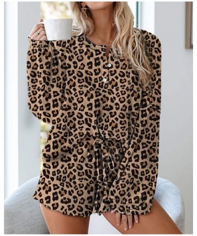 Womens Pajama Sets Long Sleeve Shirt Tops + Shorts Sleepwear Pjs Sets Ladies 2 Piece Nightwear Loungewear Leopard - CS19062IH...