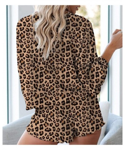 Womens Pajama Sets Long Sleeve Shirt Tops + Shorts Sleepwear Pjs Sets Ladies 2 Piece Nightwear Loungewear Leopard - CS19062IH...