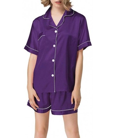 Women's Satin Pajamas Sleepwear Long and Short Button-Down Pj Set - Purple - CT18DLM633Y $36.38 Sets