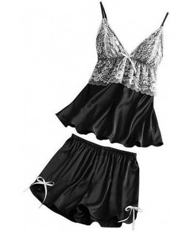 Women Sleepwear Satin Pajamas Set Lace Cami Bowknot Shorts Silky Nightwear Loose Tunic PJ Plus Size - Black - CY19484CHA6 $14...