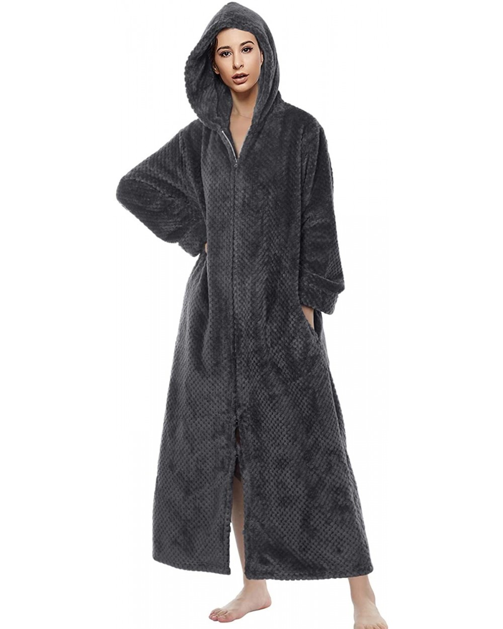 Womens Loungewear Cosy Hooded Bath Robes with Zipper Front - 2-grey - C119DUWQA0A $51.44 Robes