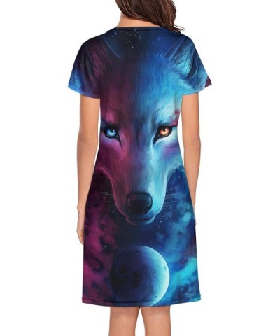 Womens Ladies Nightgown Animals Gray Wolf Traces Foxes Rabbit Pullover Fashion Short Sleeve Lingerie - Cool Galaxy Wolf - CQ1...