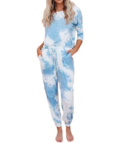 Womens Tie-Dyed Casual Long/Short Sleeve Homewear Jogger Pants Pajama Set Sleepwear - Sky Blue - CE19C73D03R $52.08 Sets
