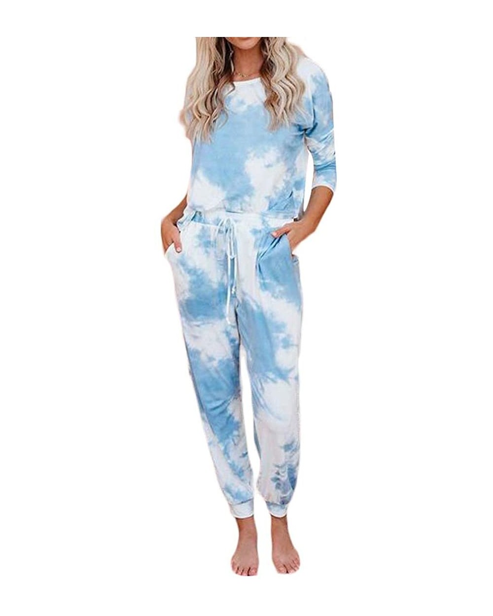 Womens Tie-Dyed Casual Long/Short Sleeve Homewear Jogger Pants Pajama Set Sleepwear - Sky Blue - CE19C73D03R $52.08 Sets