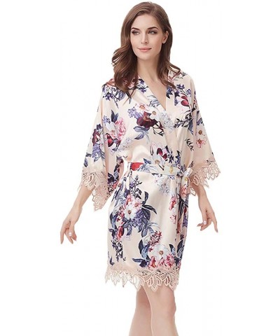 Women's Floral Satin Kimono Wedding Robe for Bride and Bridesmaid with Lace Trim - Champagne - CJ18XEX9WSC $34.32 Robes