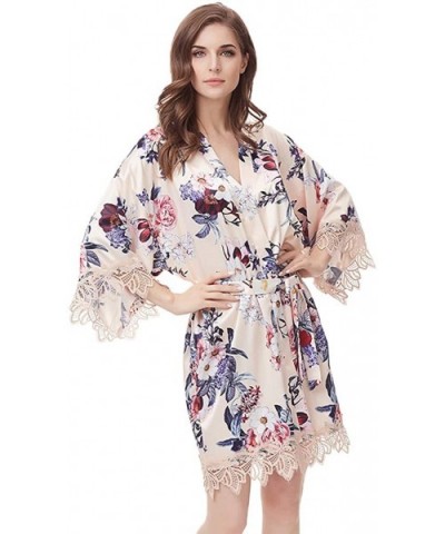 Women's Floral Satin Kimono Wedding Robe for Bride and Bridesmaid with Lace Trim - Champagne - CJ18XEX9WSC $34.32 Robes