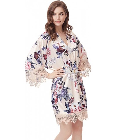 Women's Floral Satin Kimono Wedding Robe for Bride and Bridesmaid with Lace Trim - Champagne - CJ18XEX9WSC $34.32 Robes