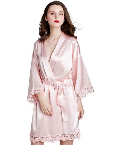 Women's Pure Color Short Satin Robes V-Neck Kimono Bride Bridesmaid Nightgown - Pink - CS190WRX5XC $33.90 Robes