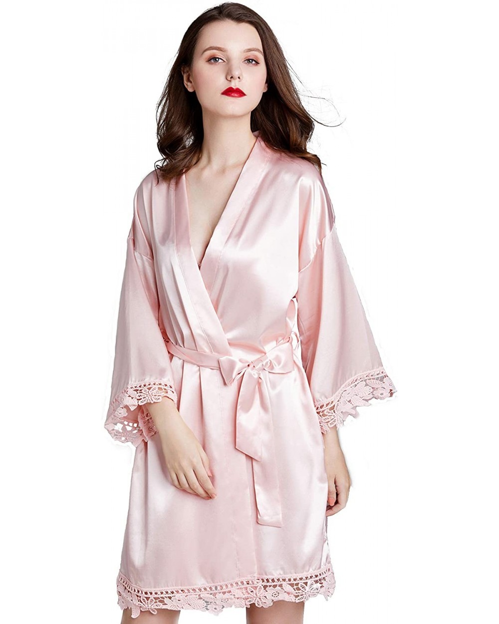 Women's Pure Color Short Satin Robes V-Neck Kimono Bride Bridesmaid Nightgown - Pink - CS190WRX5XC $33.90 Robes