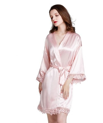 Women's Pure Color Short Satin Robes V-Neck Kimono Bride Bridesmaid Nightgown - Pink - CS190WRX5XC $33.90 Robes