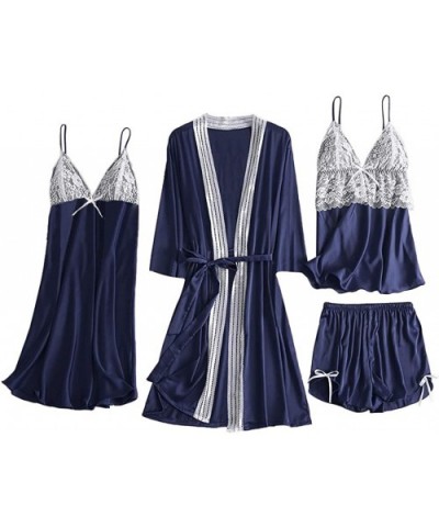 Sexy Pajamas for Women Silky Sets 4 Piece Satin Pajama Set with Robe Soft Lace Lingerie Nightwear Loungewear - A-navy (4 Pcs)...