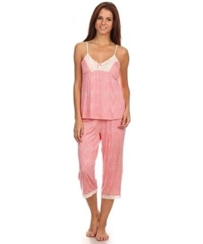 Womens 2 Piece Sleepwear Tank Top- Cami- Short Sleeve Pajama Set Shorts & Long Pants - Coral Dotted Capri - CP126012XD1 $32.8...