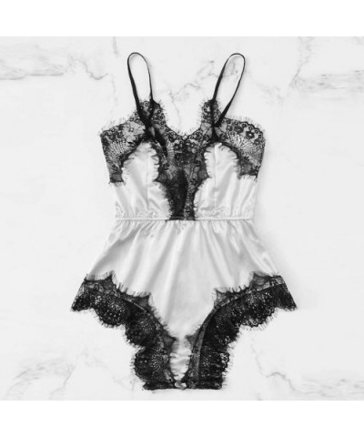 Satin Lace Sexy Bra Underpant Siamese Sleepwear Bodysuit Babydoll Women's Lingerie S-XXXL - White - CG19442TW0A $20.75 Shapewear