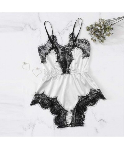 Satin Lace Sexy Bra Underpant Siamese Sleepwear Bodysuit Babydoll Women's Lingerie S-XXXL - White - CG19442TW0A $20.75 Shapewear