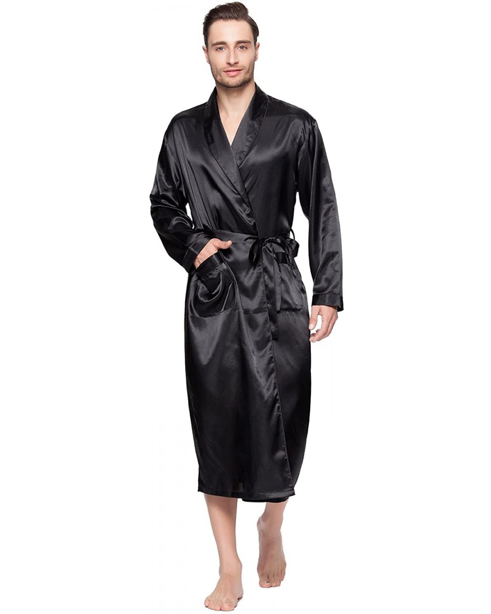 Mens Shawl Classic Satin Kimono Robe Sleepwear - Black - CT18HQ0MXXW $38.52 Robes