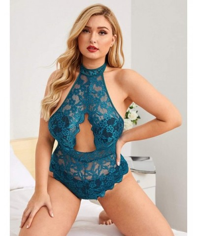 Women Plus Size Lace Bodysuit One Piece Babydoll Teddy Lingerie Nightwear - D-blue - CX19EYZQEQ2 $27.45 Baby Dolls & Chemises