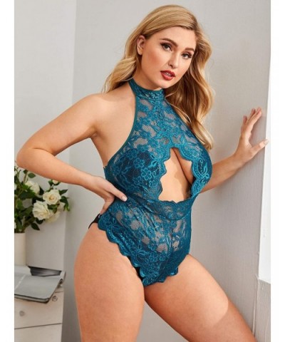 Women Plus Size Lace Bodysuit One Piece Babydoll Teddy Lingerie Nightwear - D-blue - CX19EYZQEQ2 $27.45 Baby Dolls & Chemises