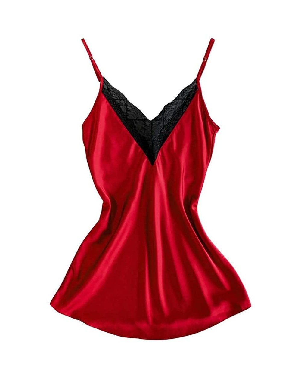 Women Sexy Satin Lace V Neck Chemise Silky Lingerie Dress Plus Size Loose Fit Spaghetti Strap Babydoll Nightwear Red - CK193X...