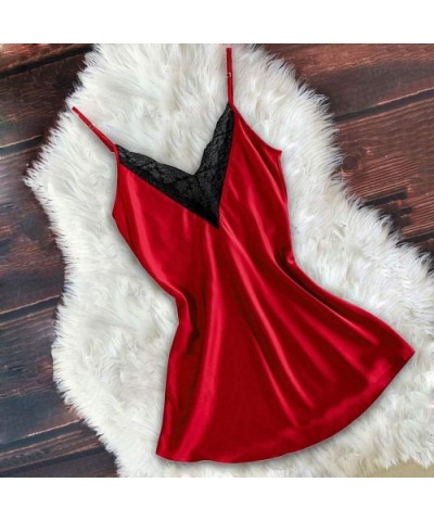 Women Sexy Satin Lace V Neck Chemise Silky Lingerie Dress Plus Size Loose Fit Spaghetti Strap Babydoll Nightwear Red - CK193X...