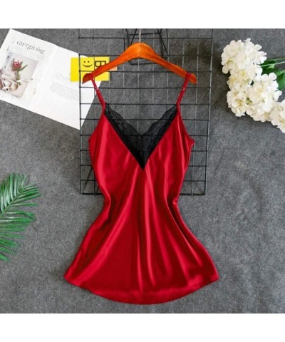 Women Sexy Satin Lace V Neck Chemise Silky Lingerie Dress Plus Size Loose Fit Spaghetti Strap Babydoll Nightwear Red - CK193X...