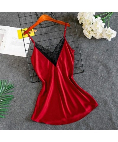 Women Sexy Satin Lace V Neck Chemise Silky Lingerie Dress Plus Size Loose Fit Spaghetti Strap Babydoll Nightwear Red - CK193X...